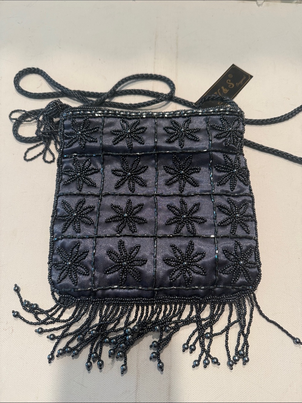 Y&S Handbags Navy Beaded Fringe Evening Wristlet